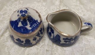 RARE ANTIQUE BLUE WILLOW SUGAR BOWL WITH LID AND CREAMER 2