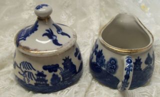 RARE ANTIQUE BLUE WILLOW SUGAR BOWL WITH LID AND CREAMER 3