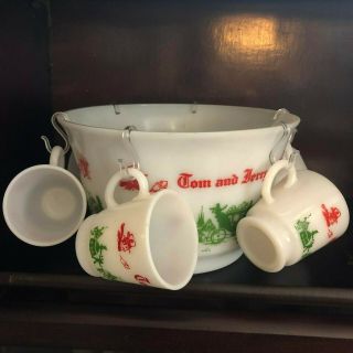 Vintage Hazel Atlas Milk Glass Tom & Jerry Holiday Punch Bowl W/ 6 Cups Set