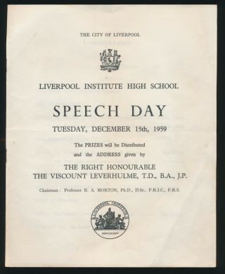 Beatles Ultra Rare 1959 Liverpool Institute Speech Day Program W Paul Mccartney