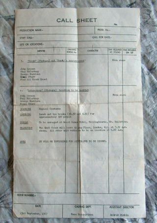 Beatles Official Call Sheet For The Production Of The Movie Magical Mystery Tour