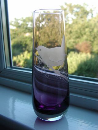 Caithness Art Glass Cased Vase Heather/purple Colour & Etched " Wren "