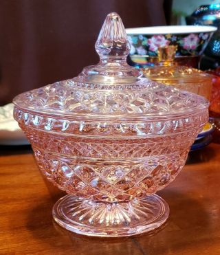 Vintage Pink Jeanette Windsor Diamond Depression Glass Candy Dish And Lid