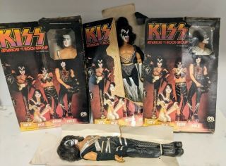 4 Kiss Dolls 1978 Mego Corp.  With Boxes Peter Paul Gene Ace Never Played 12 1/2 "