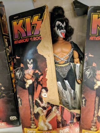 4 KISS Dolls 1978 Mego Corp.  with boxes Peter Paul Gene Ace Never Played 12 1/2 
