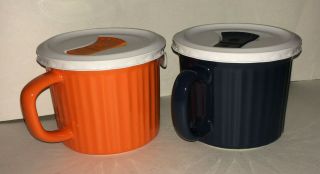 Set Of 2 Corningware 20 Oz.  Soup Mug W/vented Lid Navy And Orange Euc