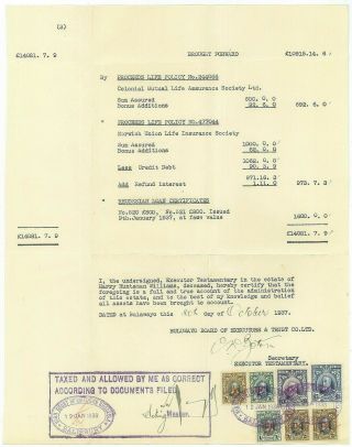 Sth Rhodesia - 1938 Accounts Doc.  With Kgv Marshal Revenues To £5 & £10 (es342a)