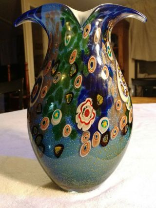Vintage Large Murano Millefiori Art Glass Vase Made In Italy 12 " X 9 " 7.  5lbs