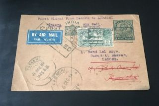1934 Br.  India First Flight Card Uprated 2as Airmail Label Cancelled - Lahore See