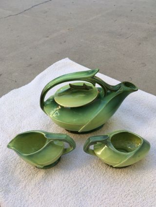 Vintage Arts & Crafts Mccoy Two Tone Green Art Pottery Tea Pot Set With Cramer