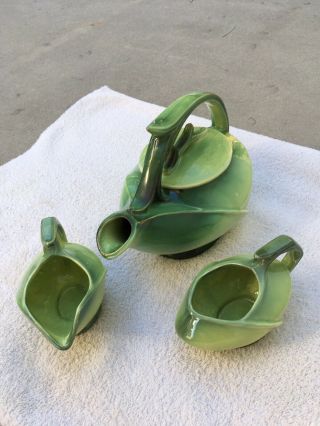 Vintage Arts & Crafts McCoy Two Tone Green Art Pottery Tea Pot Set With Cramer 2
