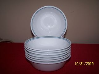 Set Of 8 Corelle Country Cottage Cereal / Soup Bowls Blue & Green Trim