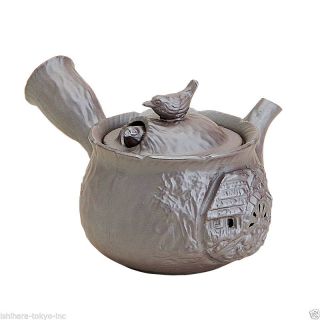 Banko - Yaki Pottery : Birds - Japanese Pottery Kyusu Tea Pot 220cc Grey