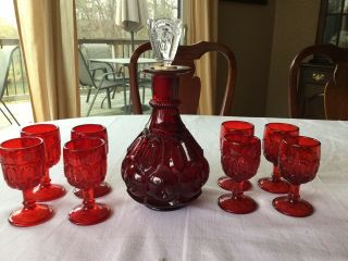 Lg Wright,  Le Smith Ruby Red Moon & Stars Wine Decanter And 8 Wine Glasses