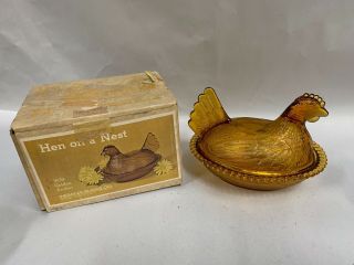 Vintage Indiana Glass Beaded Chicken Hen On Nest Golden Amber W/box (a5)