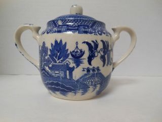 Vintage Blue Willow Sugar Bowl With Two Handles And Lid Made In Japan