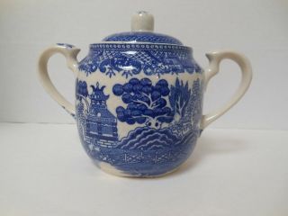 Vintage BLUE WILLOW Sugar Bowl with Two Handles and Lid Made in Japan 3