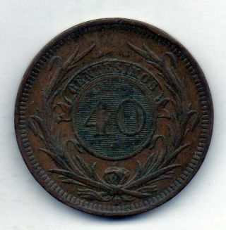 Uruguay,  40 Centesimos,  Copper,  Year 1857,  Km 10