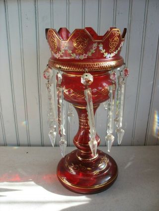 Antique Czech Bohemian Hand Painted Ruby Lustre Mantle Lamp 14 " Gold Gilt