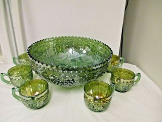 7 - Pc Imperial Grape Green Carnival Glass Punch Bowl Set - 11 1/2 " Bowl & 6 Cups