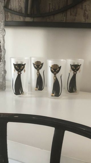 Vintage 1950’s Set Of 4 Black Cat Frosted Drinking Glasses