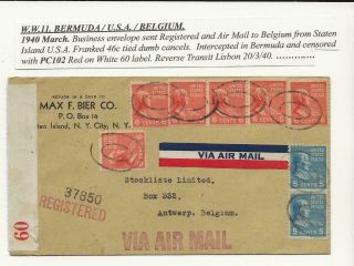 S204 Usa Wwii Mar 1940 Airmail Cover To Belgium Intercepted & Censored Bermuda