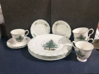 Nikko Christmas Dishes Vtg Set 12 Plate Cups Saucers Vtg Happy Holidays