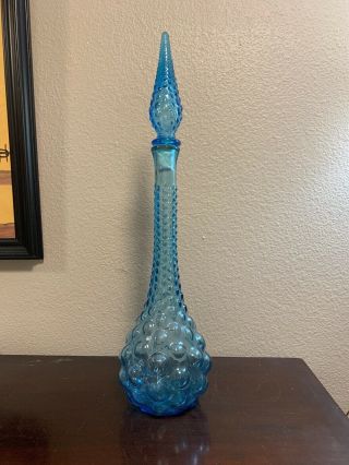 Vintage Mid Century Italian Empoli Glass Genie Bottle Light Blue Hobnail