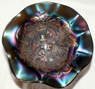 Fenton (a) Carnival Glass Peacock And Urn Footed Bowl Iridescent