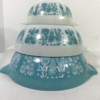 Pyrex Blue Turquoise Amish Butterprint Cinderella Mixing Bowl Set 3 444 443 441