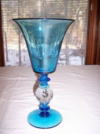 Vintage Pairpoint Marina Blue Art Glass Vase With Controlled Bubble Stem