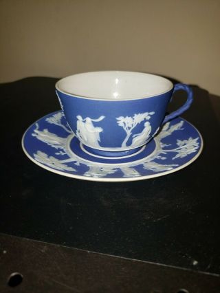 Wedgewood Blue And White Coffee Cup And Saucer " Sacrifice Figures "