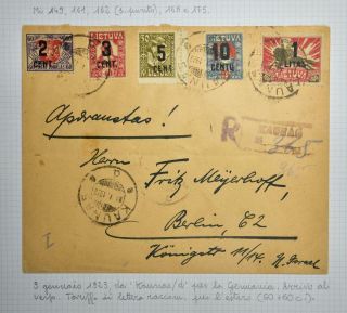 Lithuania To Germany 1923 Provs On Rare Reg Cover Kaunas To. ,  Lietuva,  Litauen