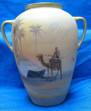 Hand Painted Nippon Vase Man Camel Desert Scene Egyptian Porcelain Green Wreath