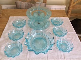 Vintage Blue Glass Trifle Dessert Bowl & Dishes & Cake Stand,  George Davidson?