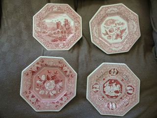 Set Of 4 Spode Sutherland Cranberry Octagon 10 " Plates