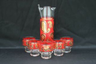 Vintage Culver Red Gold Paisley Cocktail Pitcher W/stirrer & 5 Footed Glasses