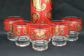 VINTAGE CULVER RED GOLD PAISLEY COCKTAIL PITCHER W/STIRRER & 5 FOOTED GLASSES 2
