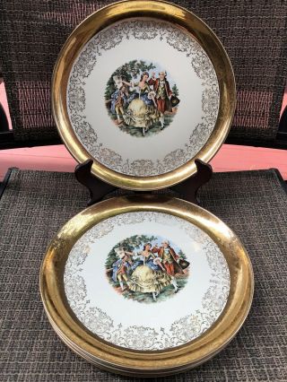 Set Of 4 Vintage Crest - O - Gold Hand Painted Plates 22k Gold Dinnerware D 10”