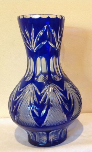 Vintage Bohemian Blue Cobalt Cut Crystal Vase 26.  3cm