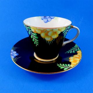Art Deco Black With Yellow And Blue Flowers Aynsley Tea Cup And Saucer Set