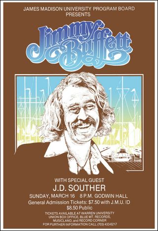 Jimmy Buffett With J.  D.  Souther 1986 James Madison University Va Concert Poster