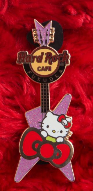 Hard Rock Cafe Pin Fukuoka Hello Kitty Bow Series Pink Guitar Hat Lapel Japan