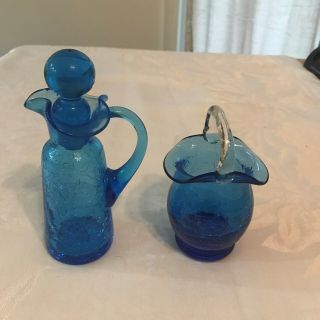 Vintage Blue Crackle Glass Cruet Pitcher With Ball Stopper And Vase With Handle