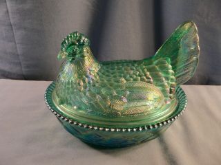 Westmoreland Large Laurel Green Carnival Glass Hen On The Nest Candy Dish