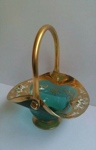 Vintage Czech Bohemian Blue Basket W/gold Gild & Applied Enamel Flowers