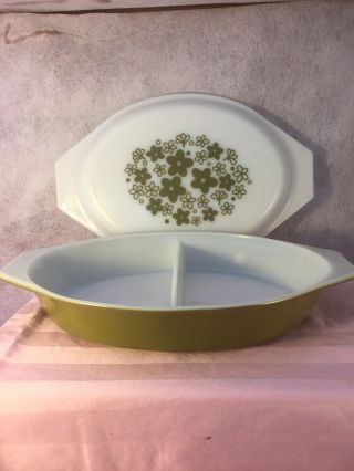 Vintage Pyrex Green Crazy Daisy 1 Qt Divided Casserole Dish With Lid 275