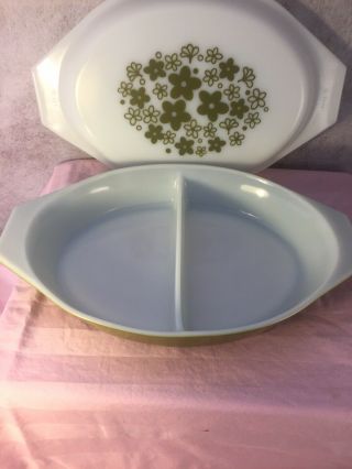 Vintage Pyrex Green Crazy Daisy 1 Qt Divided Casserole Dish With Lid 275 2