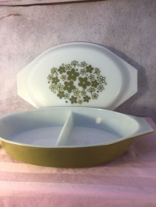 Vintage Pyrex Green Crazy Daisy 1 Qt Divided Casserole Dish With Lid 275 3