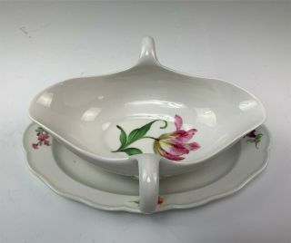 Meissen Hand Painted Flowers Double - Handled Gravy Boat W/ Attached Under Plate